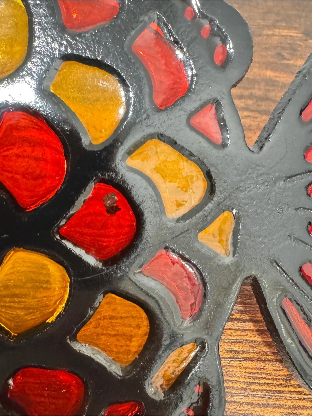 Vintage Metal Fish Shaped Trivet Hot Plate Hanging Stained Glass Red Yellow